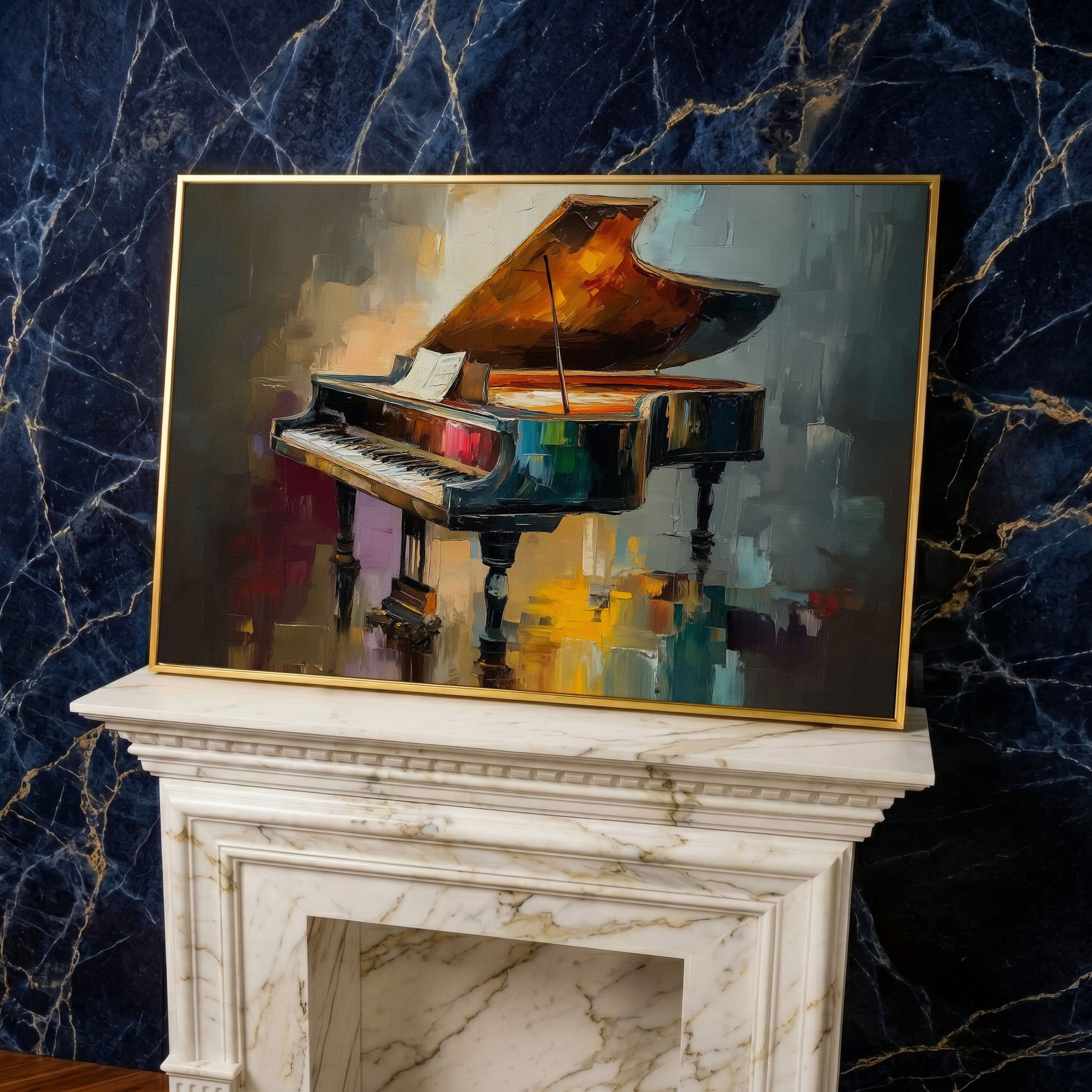 Grand Piano and Sheet Music Canvas Wall Art in yellow gold floating frame