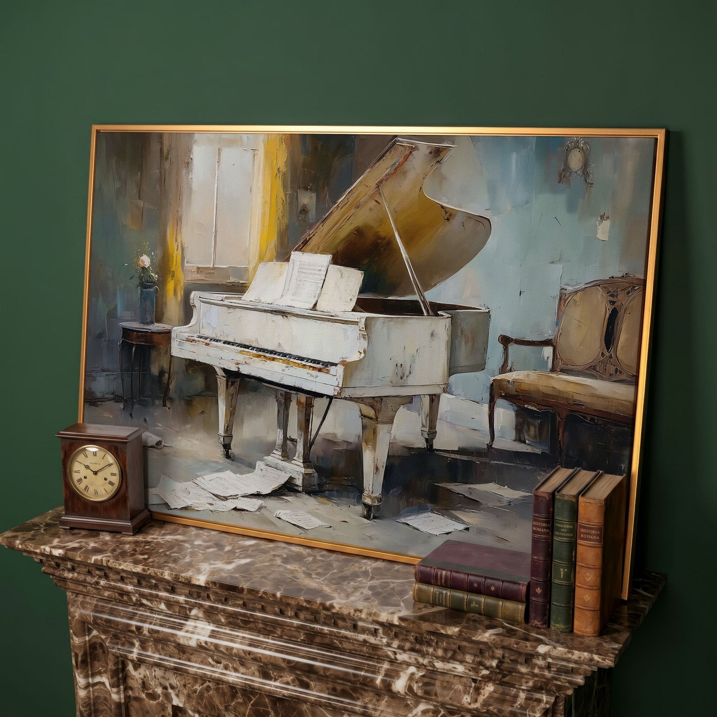 White Grand Piano with Sheet Music Canvas Wall Art in antique gold floating frame