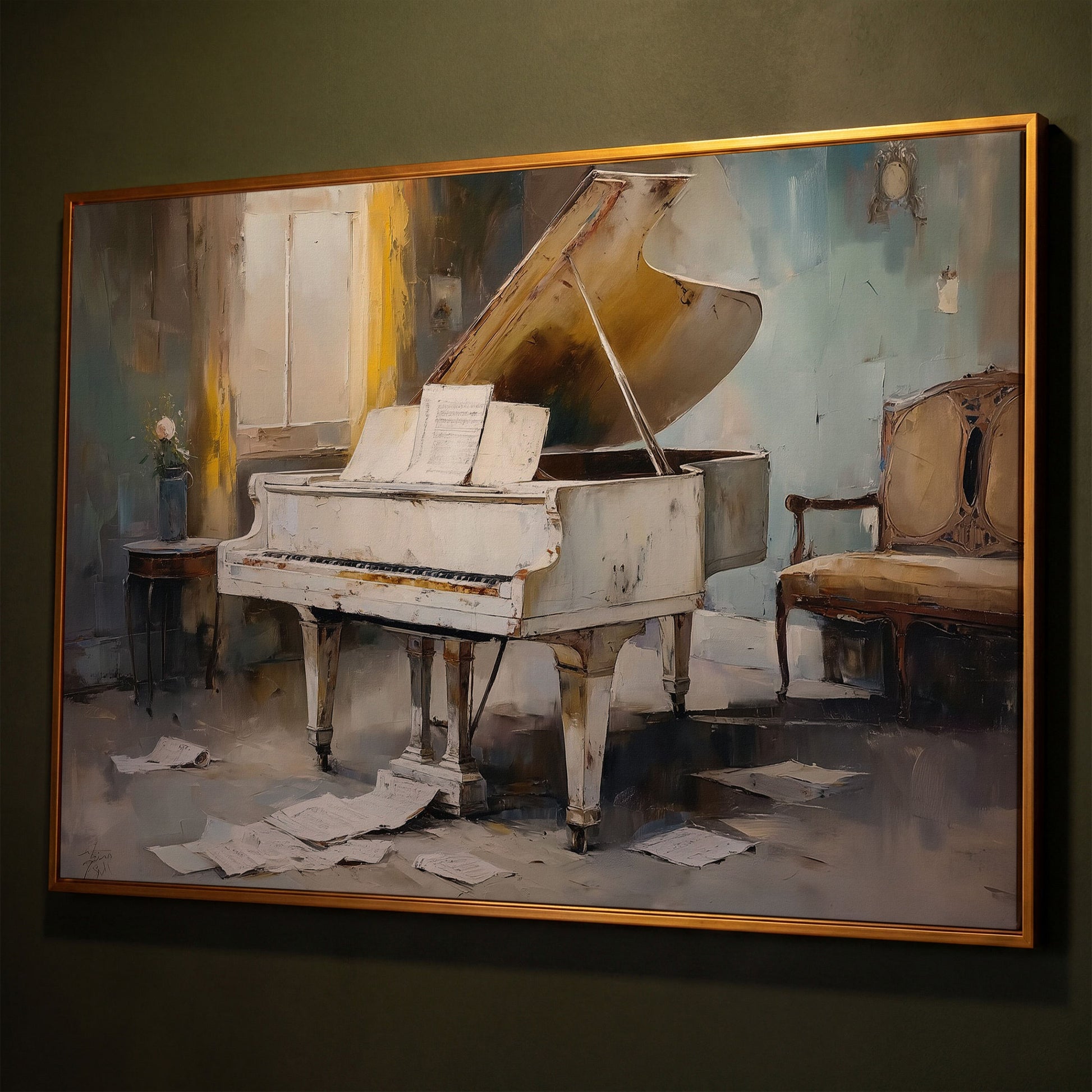 White Grand Piano with Sheet Music Canvas Wall Art shown in antique gold floating frame