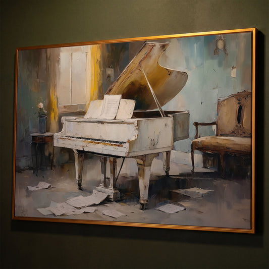 White Grand Piano with Sheet Music Canvas Wall Art shown in antique gold floating frame