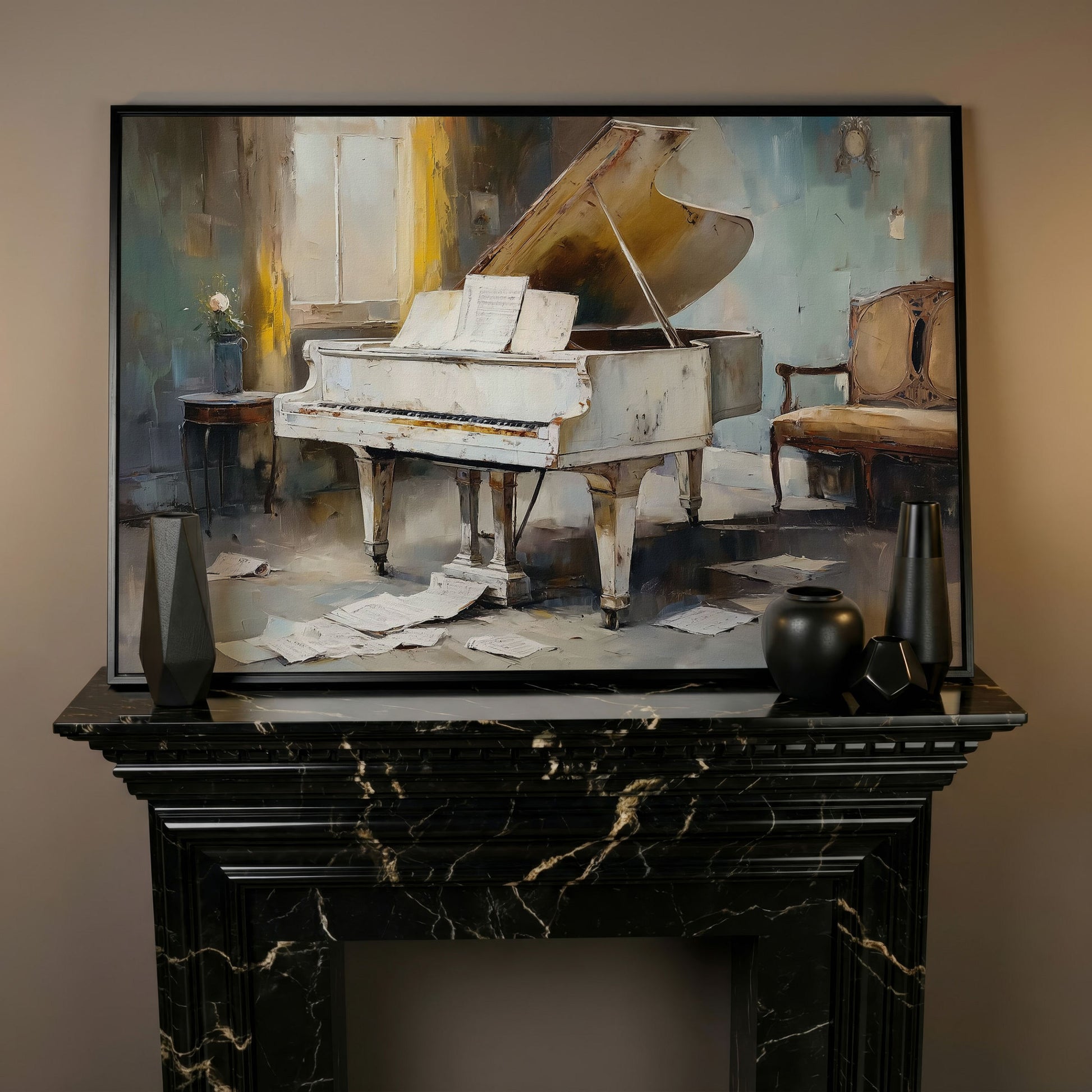 White Grand Piano with Sheet Music Canvas Wall Art in black floating frame