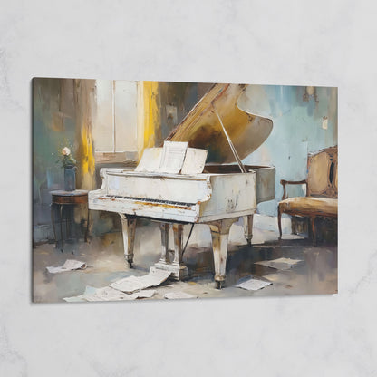 White Grand Piano with Sheet Music Canvas Wall Art on gallery wrap