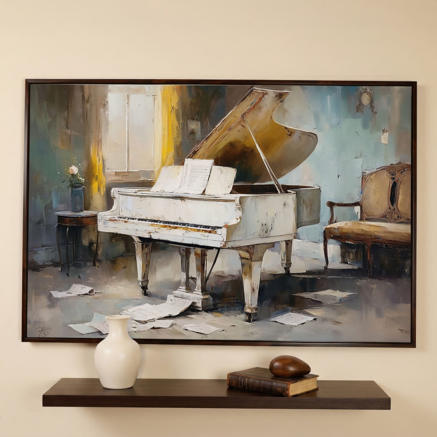 White Grand Piano with Sheet Music Canvas Wall Art in dark walnut floating frame