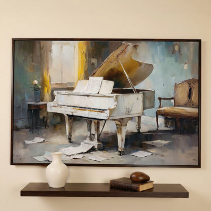 White Grand Piano with Sheet Music Canvas Wall Art in dark walnut floating frame