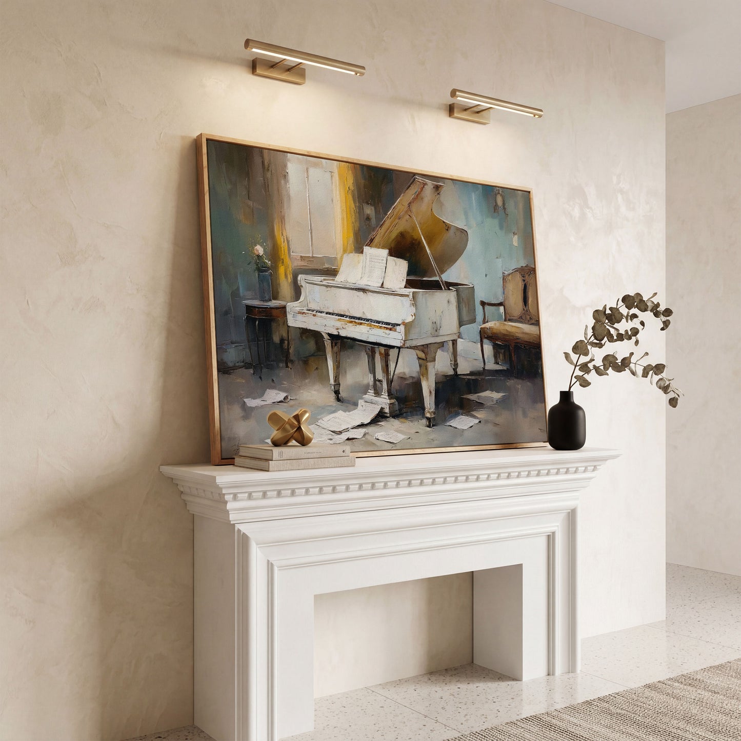 White Grand Piano with Sheet Music Canvas Wall Art in white oak floating frame