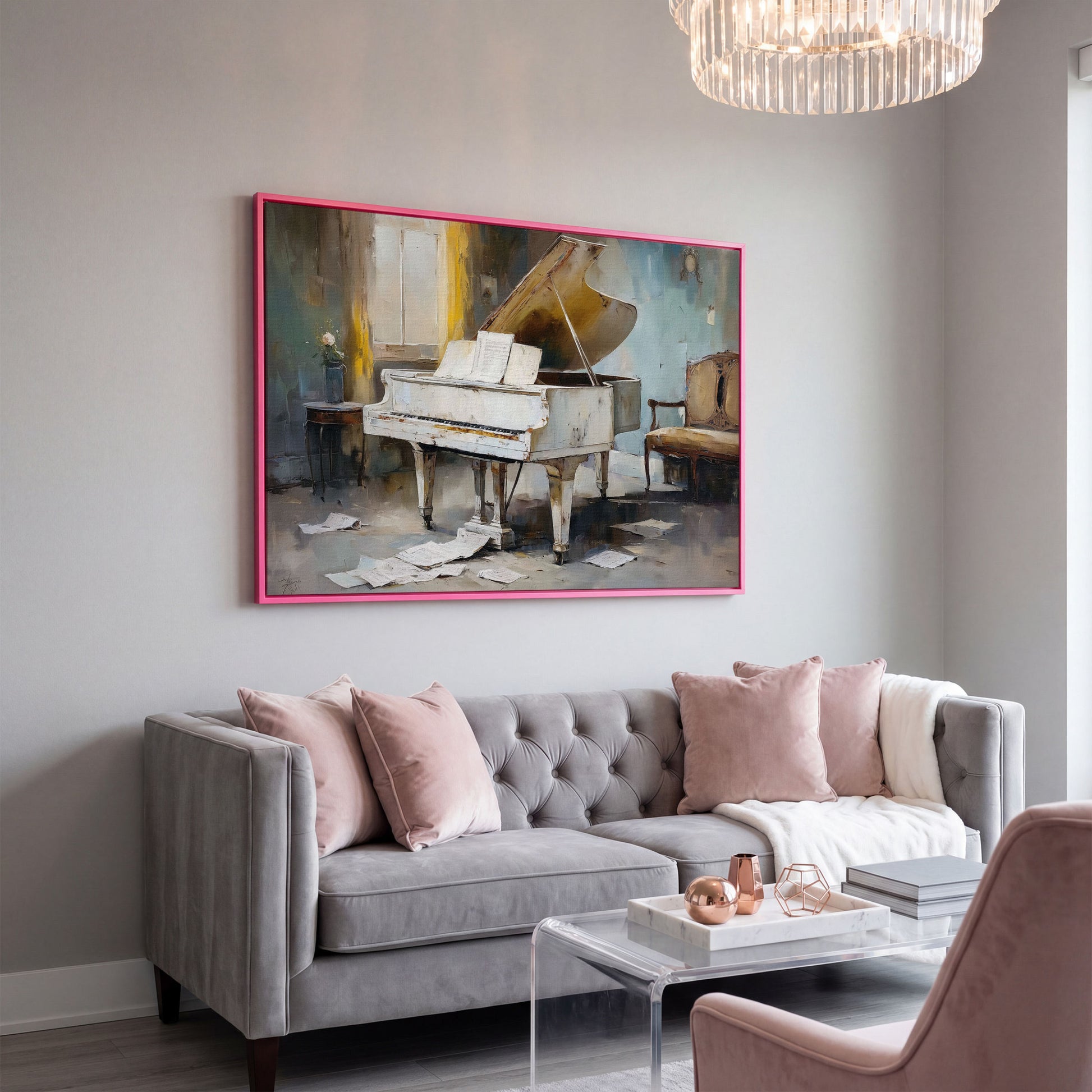 White Grand Piano with Sheet Music Canvas Wall Art in pink floating frame