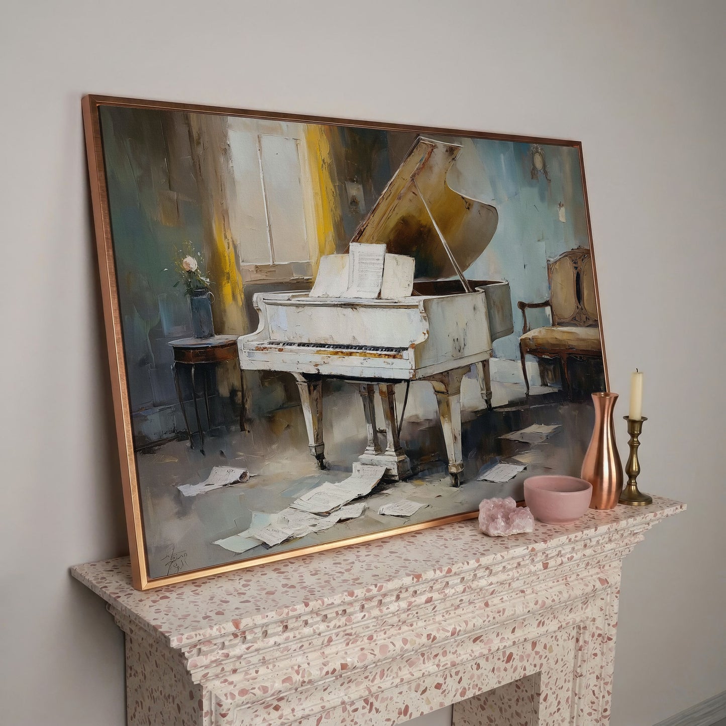 White Grand Piano with Sheet Music Canvas Wall Art in rose gold floating frame