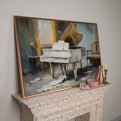White Grand Piano with Sheet Music Canvas Wall Art in rose gold floating frame