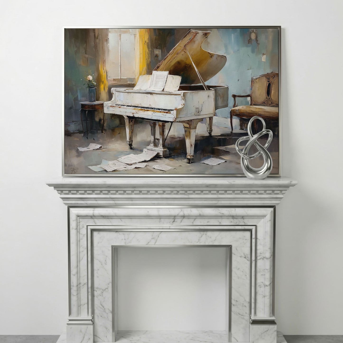 White Grand Piano with Sheet Music Canvas Wall Art in silver floating frame
