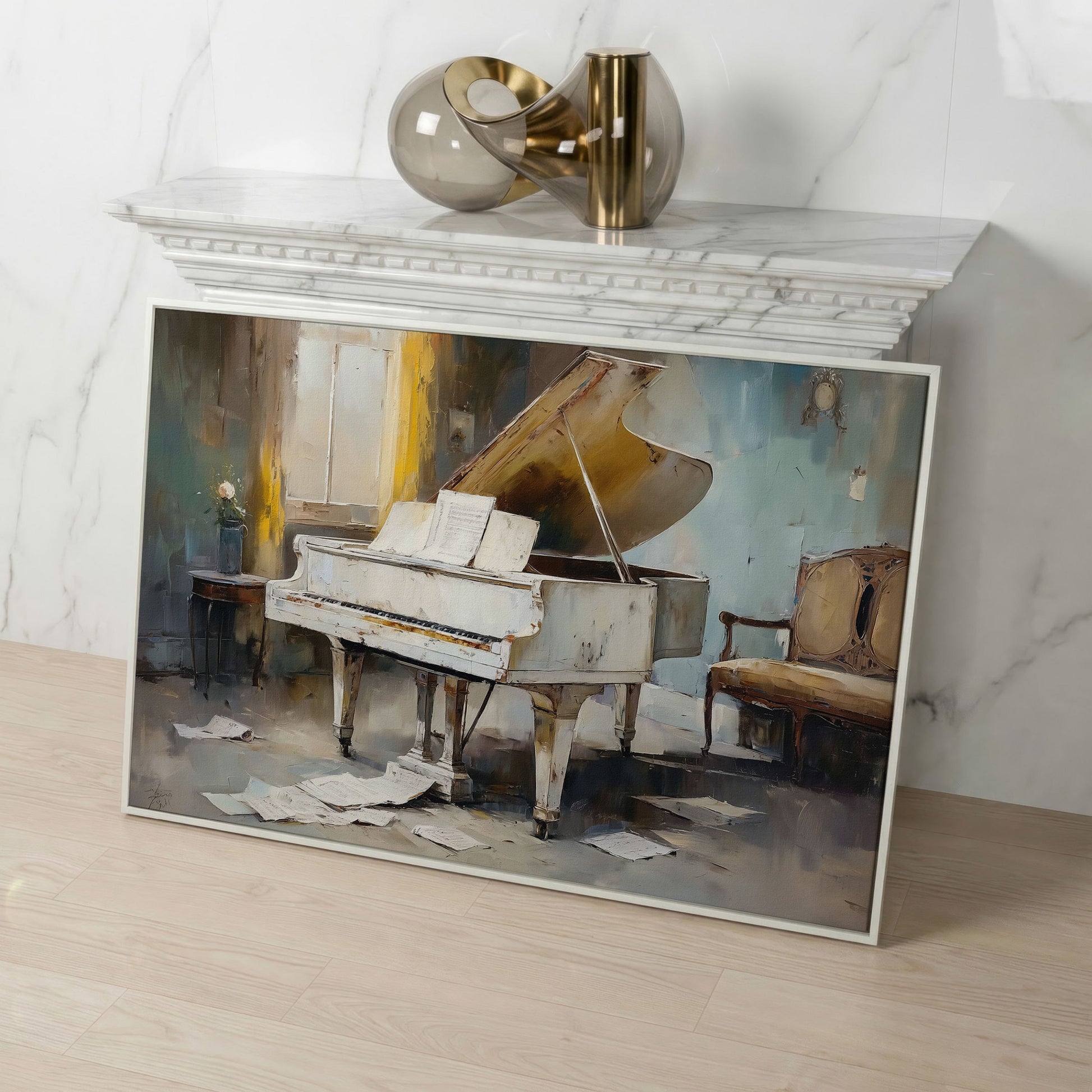 White Grand Piano with Sheet Music Canvas Wall Art in white floating frame