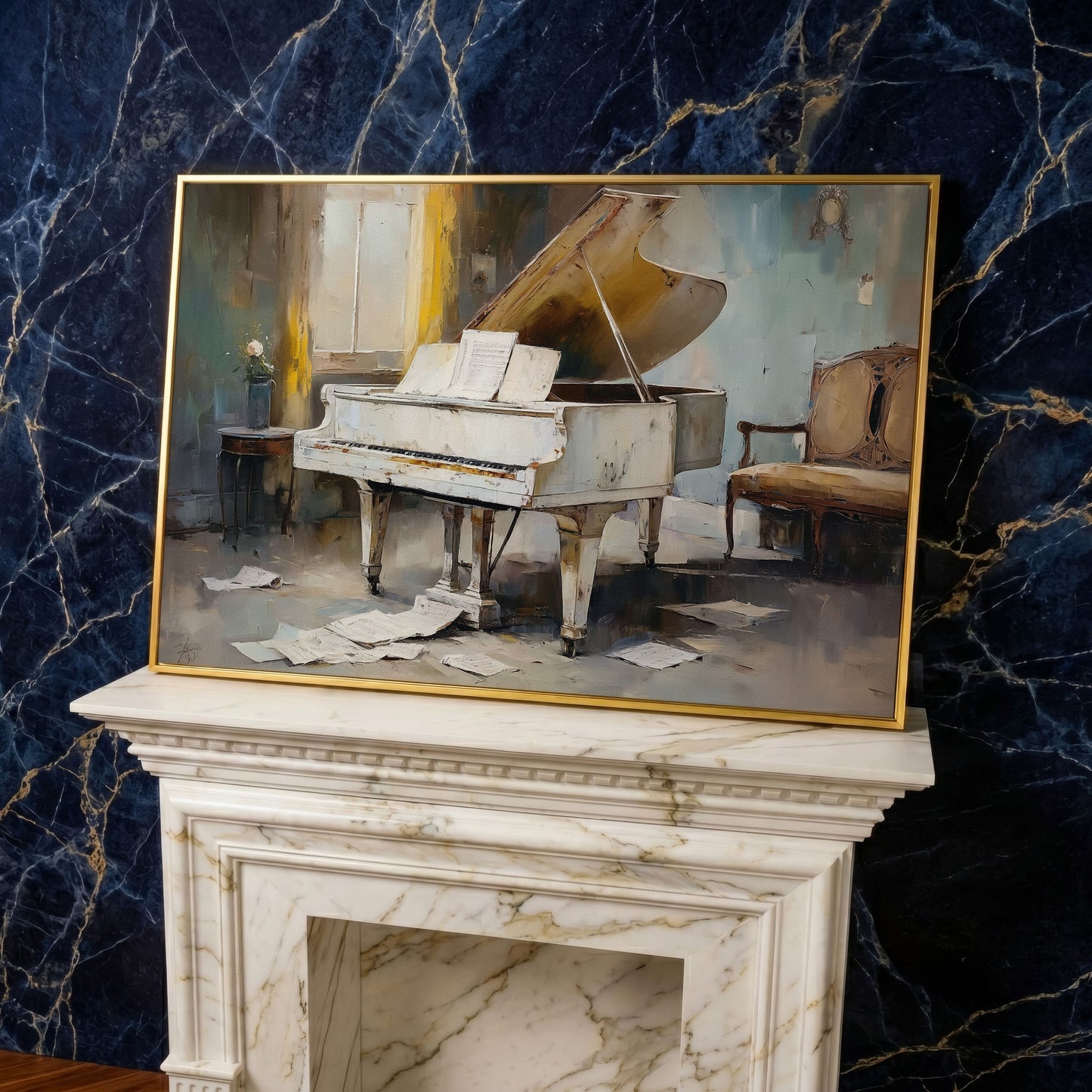 White Grand Piano with Sheet Music Canvas Wall Art in yellow gold floating frame