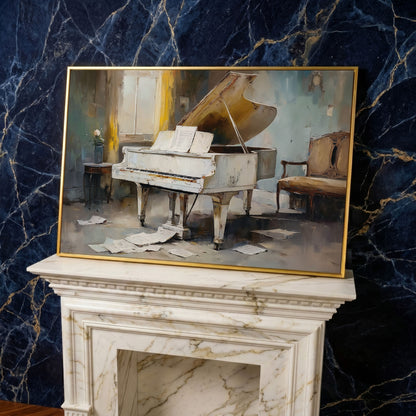 White Grand Piano with Sheet Music Canvas Wall Art in yellow gold floating frame