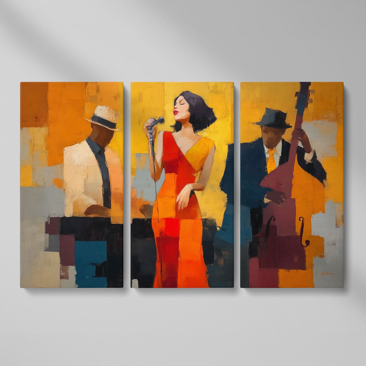 Jazz Band Canvas Art: Vocalist, Pianist and Bass Player as 3-panel split version