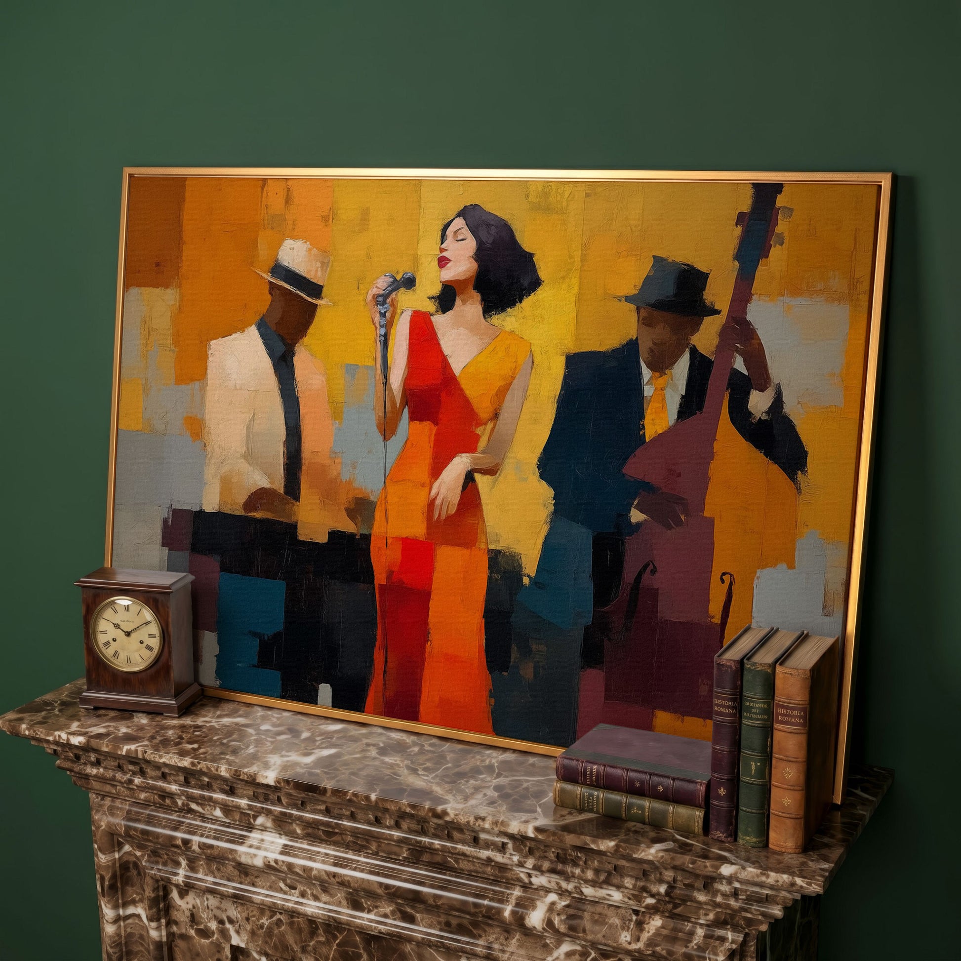 Jazz Band Canvas Art: Vocalist, Pianist and Bass Player in antique gold floating frame