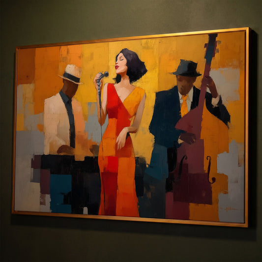 Jazz Band Canvas Art: Vocalist, Pianist and Bass Player shown in antique gold floating frame