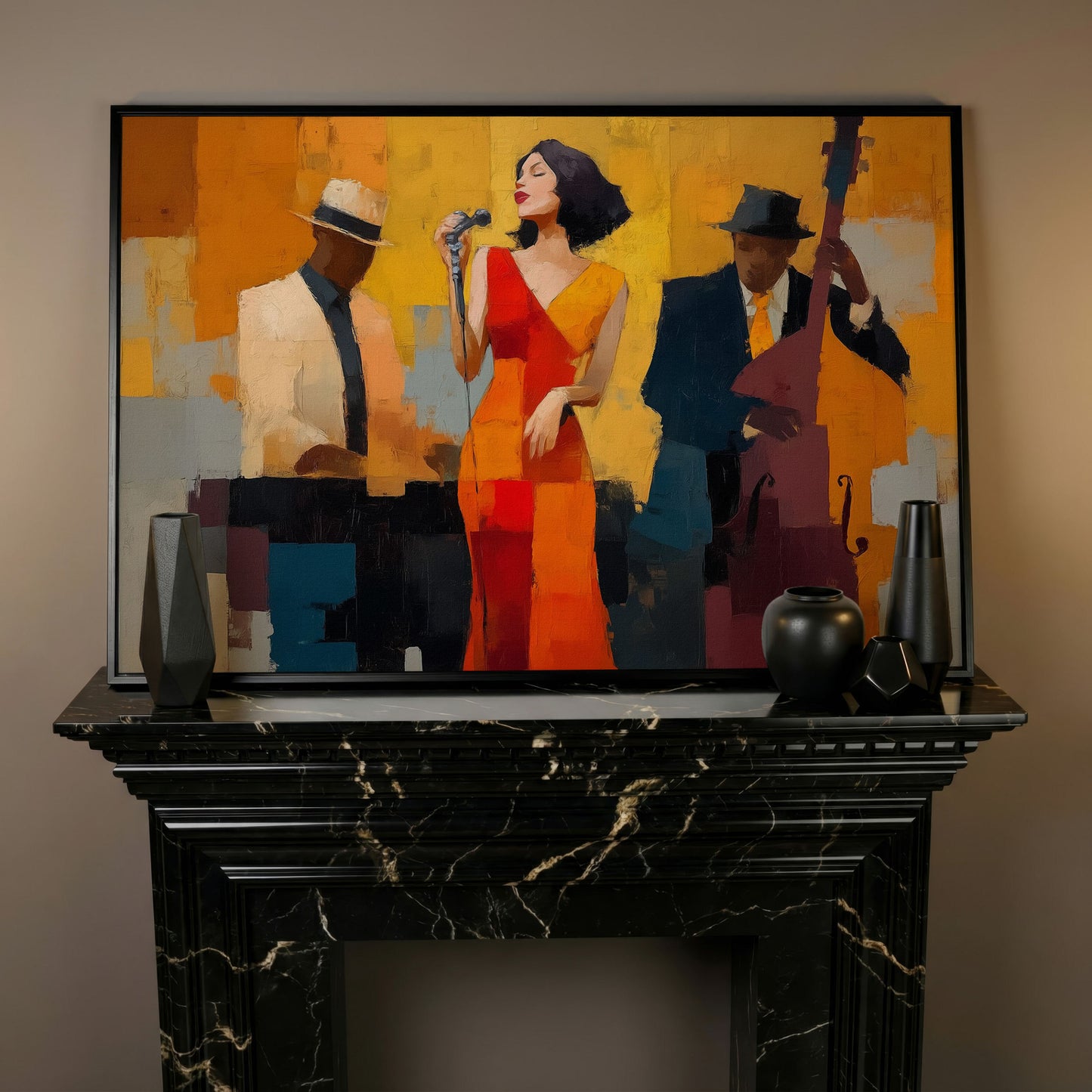 Jazz Band Canvas Art: Vocalist, Pianist and Bass Player in black floating frame