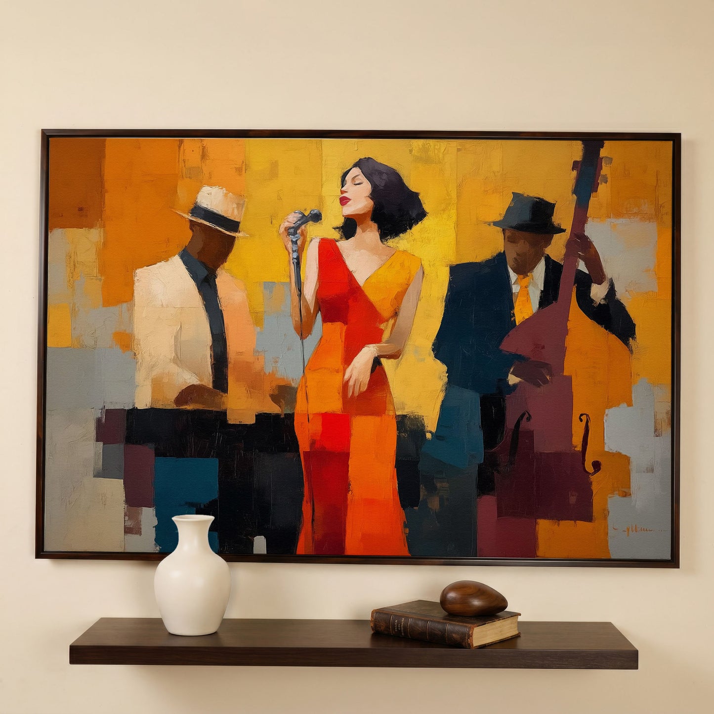 Jazz Band Canvas Art: Vocalist, Pianist and Bass Player in dark walnut floating frame