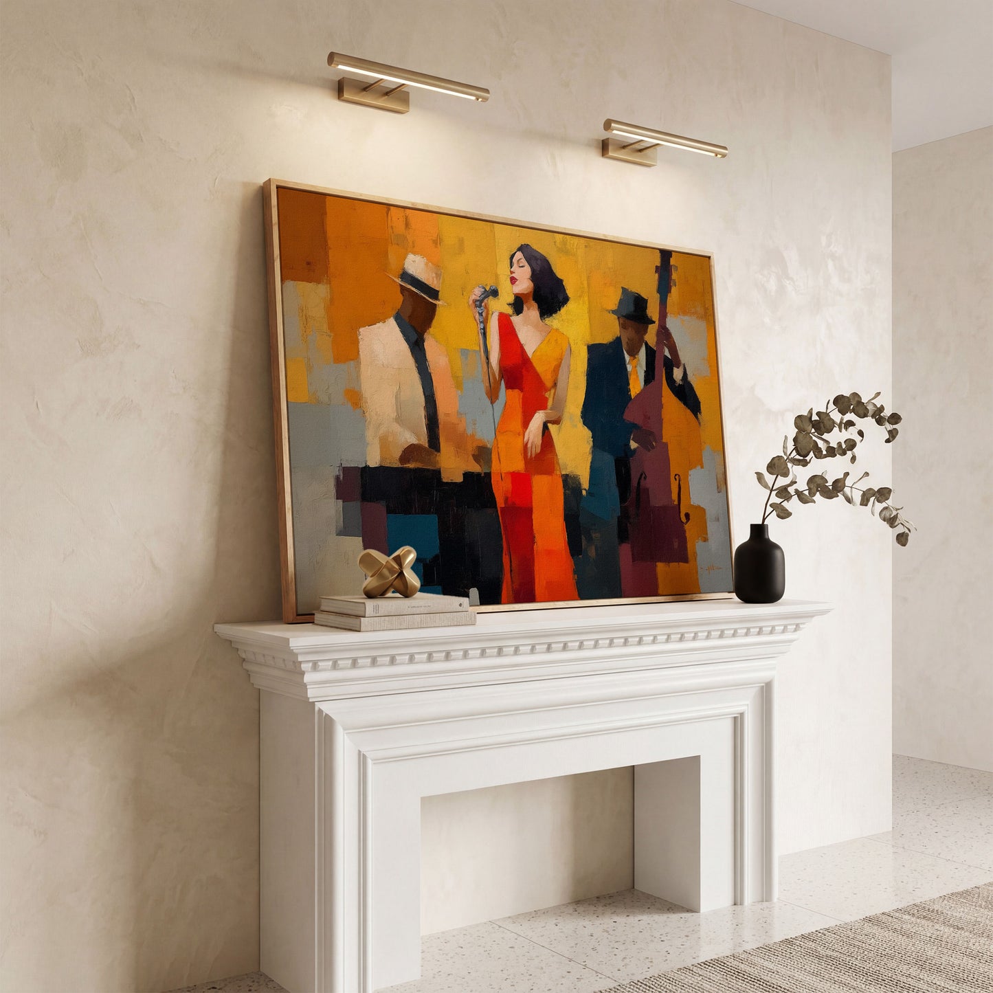 Jazz Band Canvas Art: Vocalist, Pianist and Bass Player in white oak floating frame
