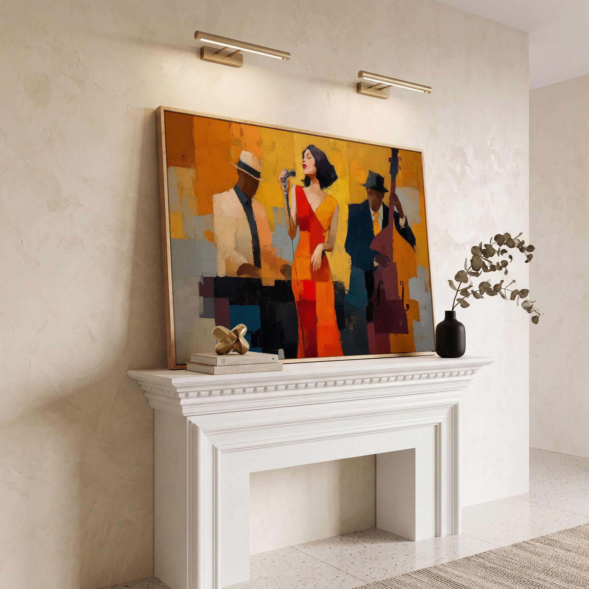 Jazz Band Canvas Art: Vocalist, Pianist and Bass Player in white oak floating frame