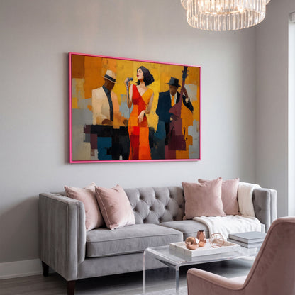 Jazz Band Canvas Art: Vocalist, Pianist and Bass Player in pink floating frame