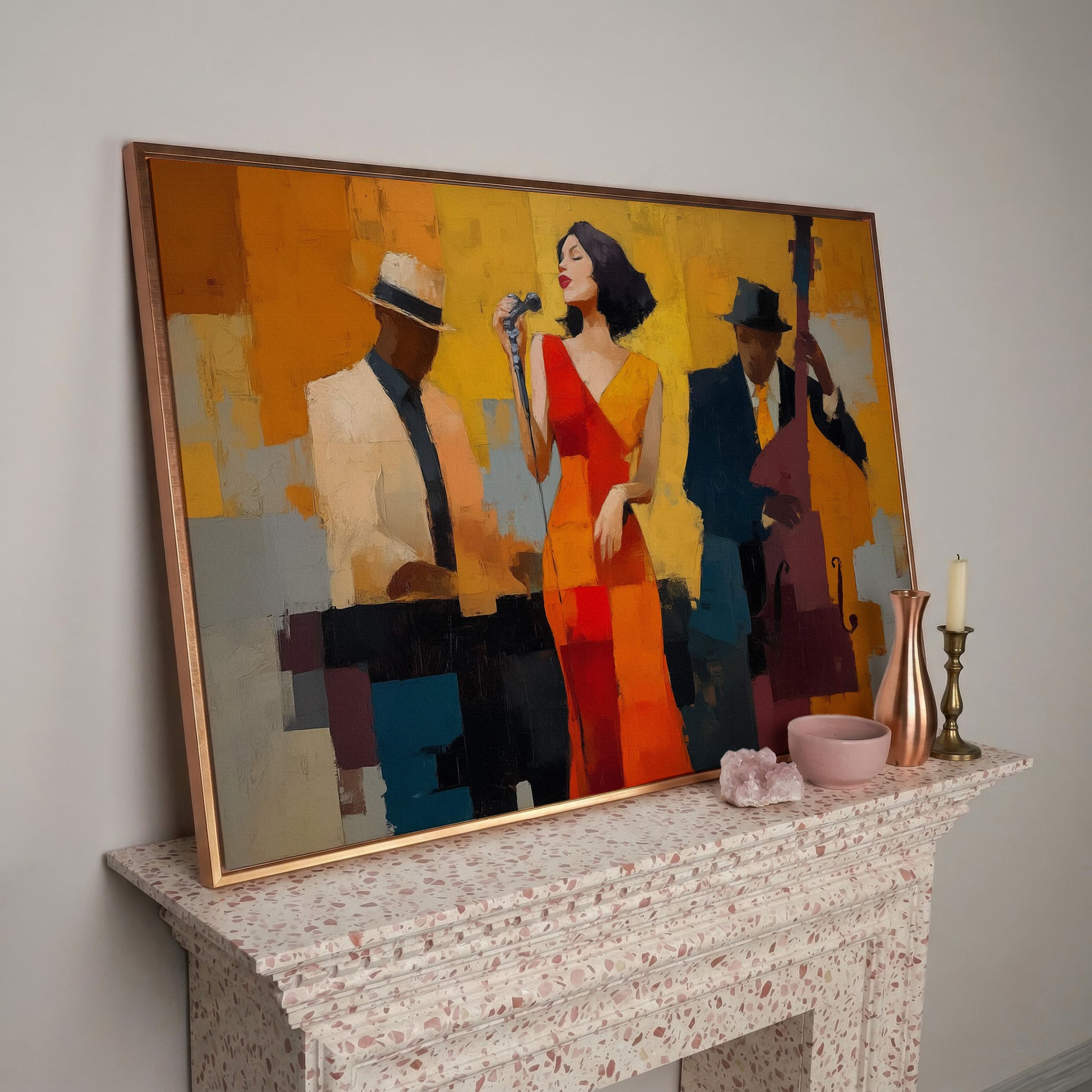 Jazz Band Canvas Art: Vocalist, Pianist and Bass Player in rose gold floating frame