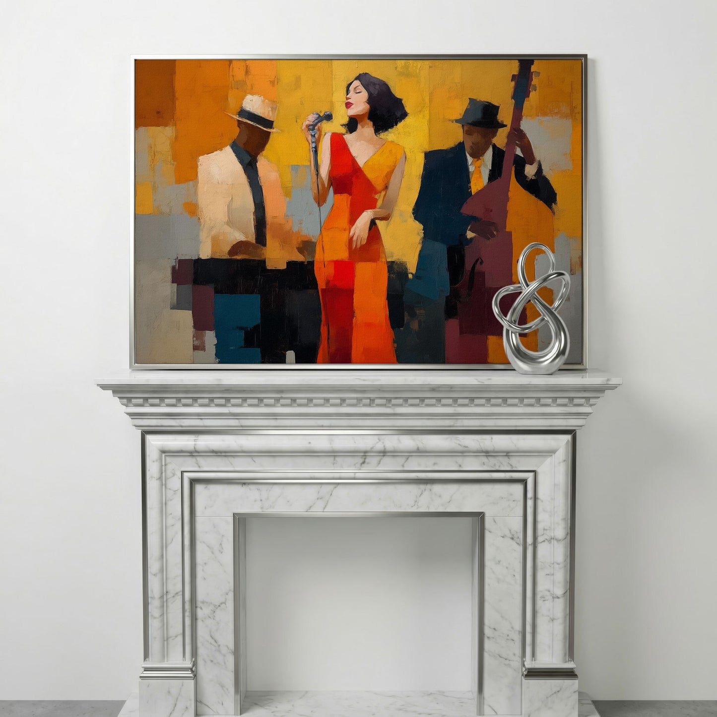 Jazz Band Canvas Art: Vocalist, Pianist and Bass Player in silver floating frame
