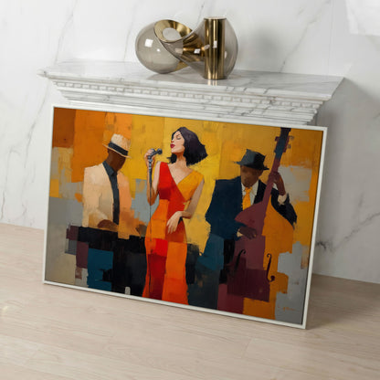 Jazz Band Canvas Art: Vocalist, Pianist and Bass Player in white floating frame