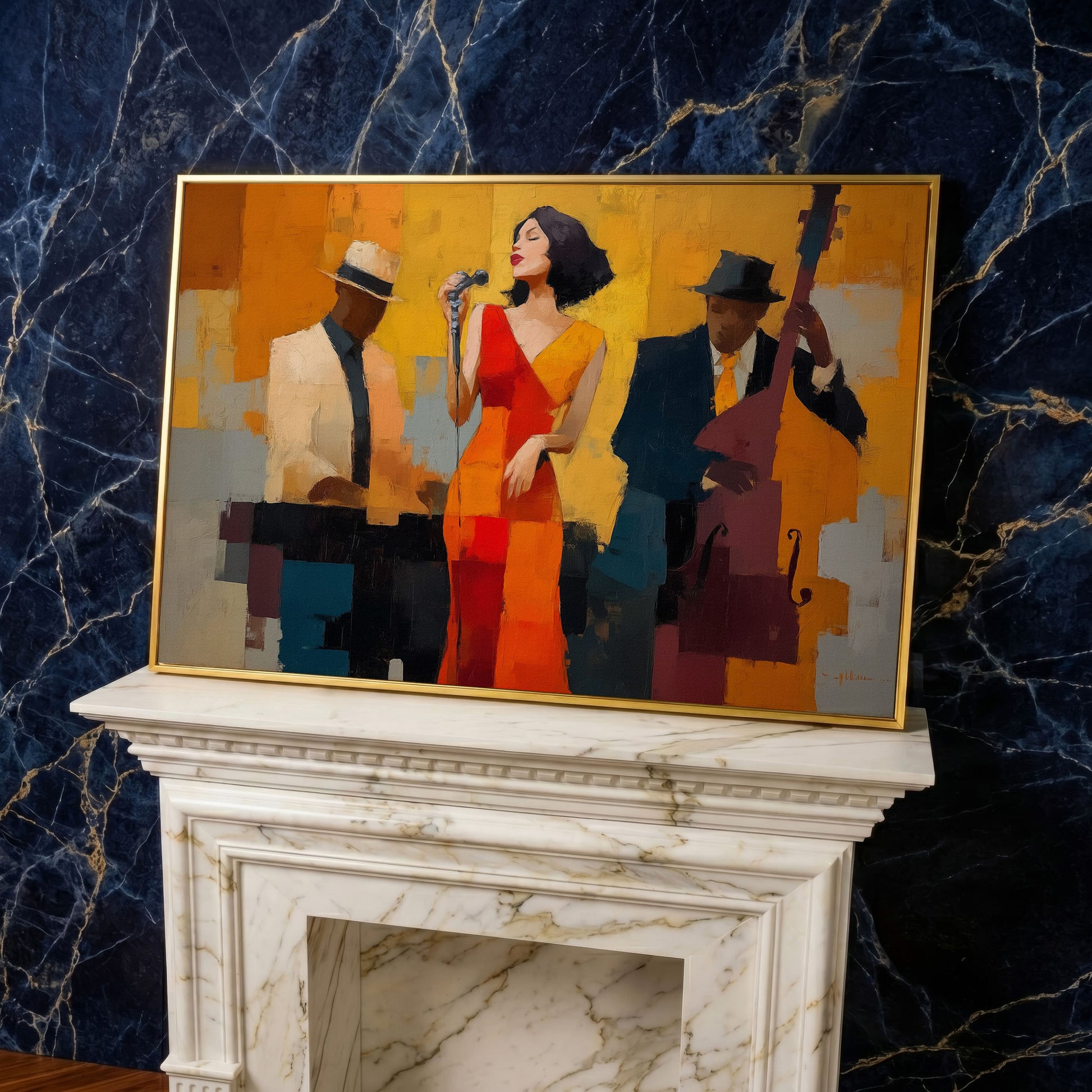 Jazz Band Canvas Art: Vocalist, Pianist and Bass Player in yellow gold floating frame