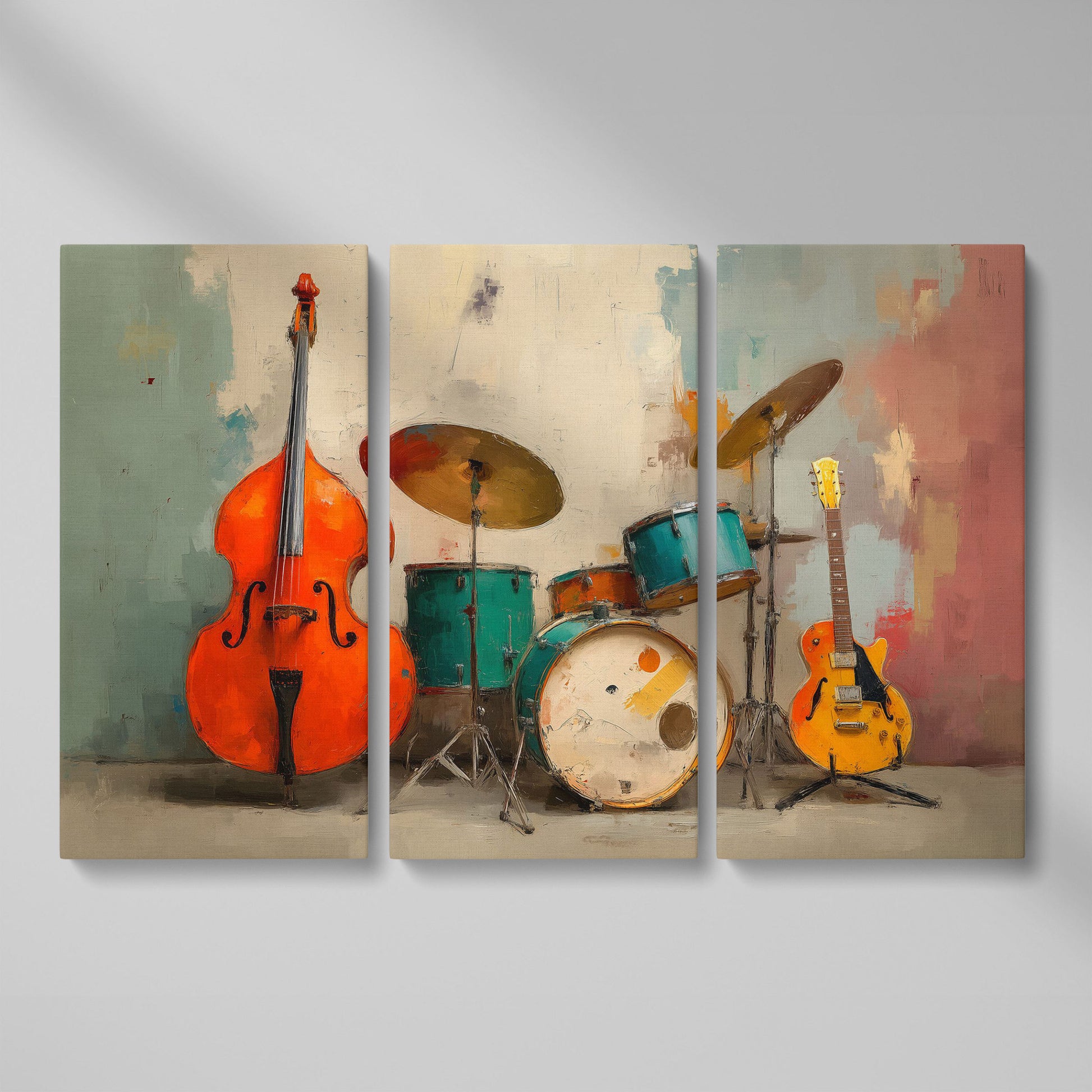 Cello, Drums and Guitar Canvas Wall Art in Teal and Orange as 3-panel split version