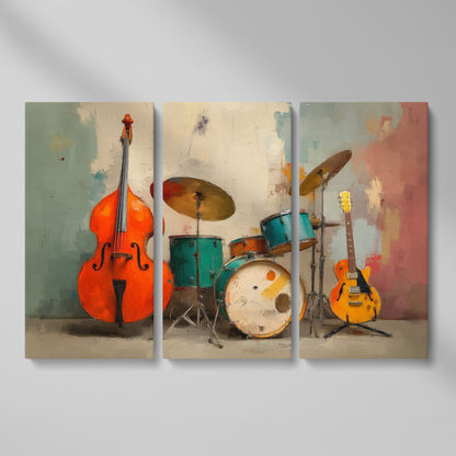 Cello, Drums and Guitar Canvas Wall Art in Teal and Orange as 3-panel split version