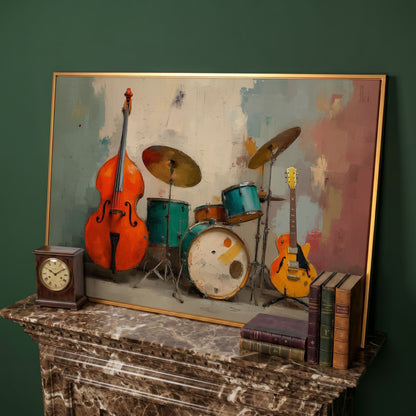 Cello, Drums and Guitar Canvas Wall Art in Teal and Orange in antique gold floating frame