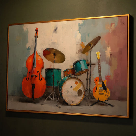 Cello, Drums and Guitar Canvas Wall Art in Teal and Orange shown in antique gold floating frame