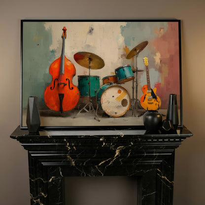 Cello, Drums and Guitar Canvas Wall Art in Teal and Orange in black floating frame