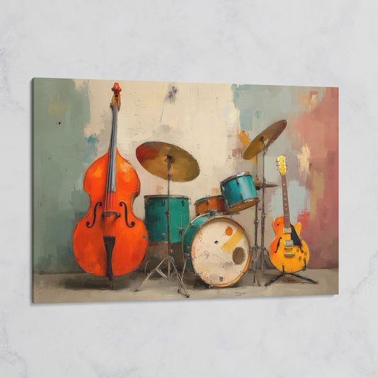 Cello, Drums and Guitar Canvas Wall Art in Teal and Orange on gallery wrap