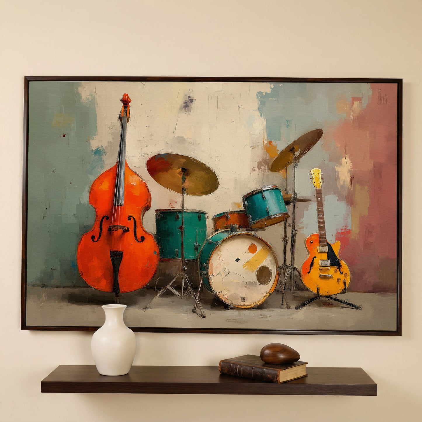 Cello, Drums and Guitar Canvas Wall Art in Teal and Orange in dark walnut floating frame