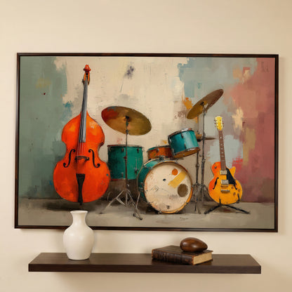 Cello, Drums and Guitar Canvas Wall Art in Teal and Orange in dark walnut floating frame