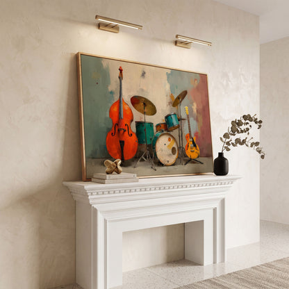 Cello, Drums and Guitar Canvas Wall Art in Teal and Orange in white oak floating frame