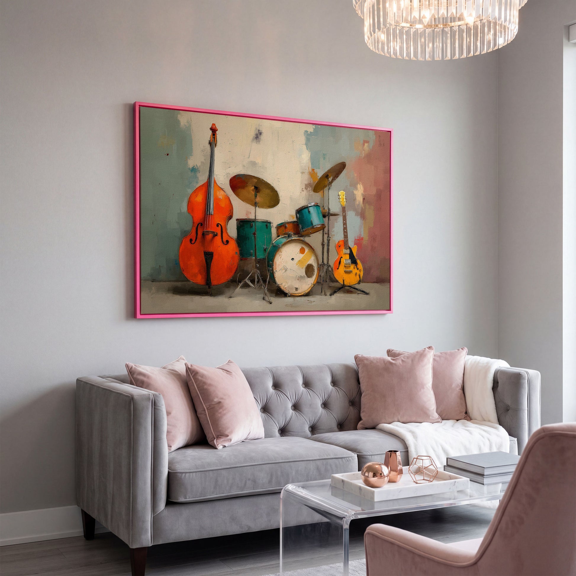 Cello, Drums and Guitar Canvas Wall Art in Teal and Orange in pink floating frame