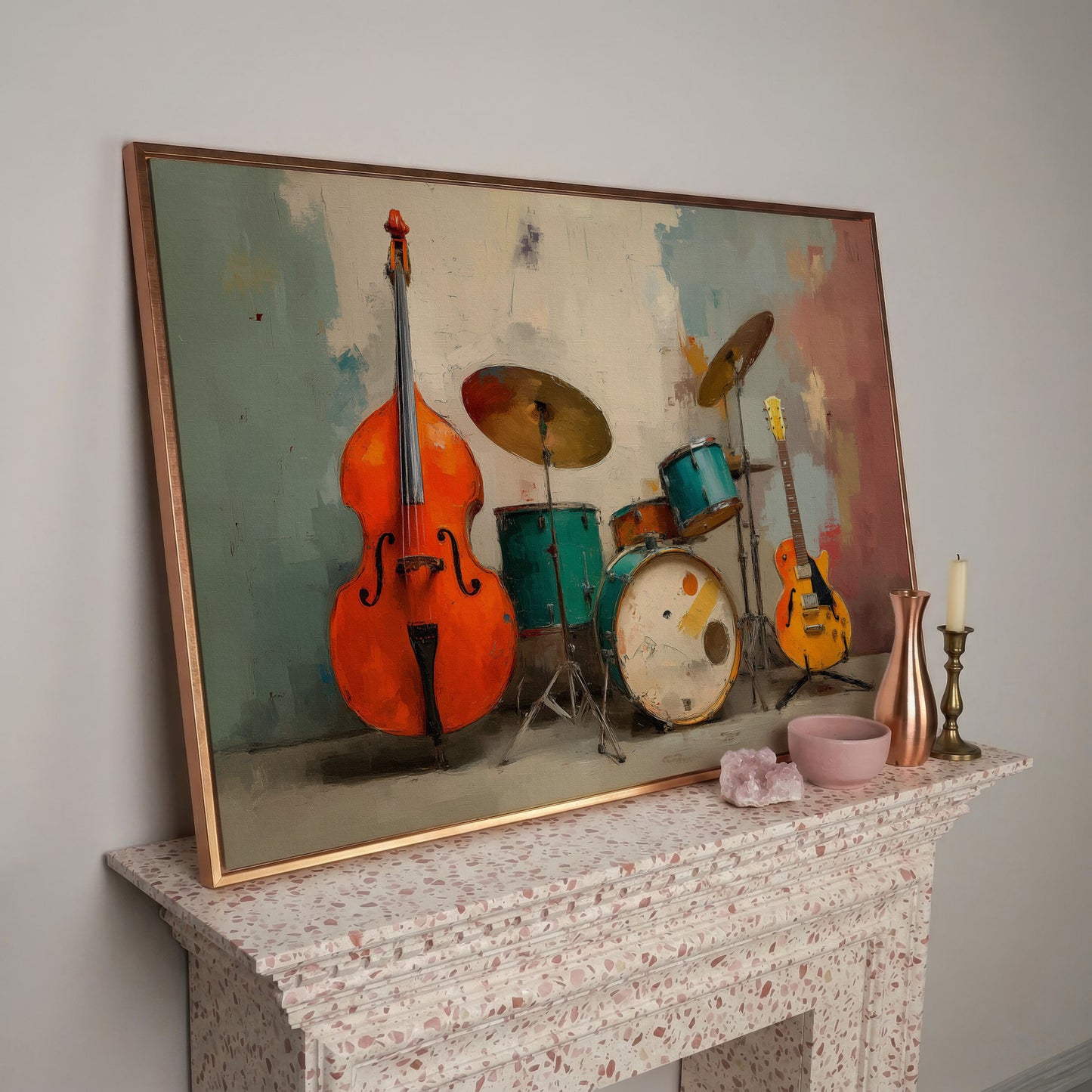 Cello, Drums and Guitar Canvas Wall Art in Teal and Orange in rose gold floating frame