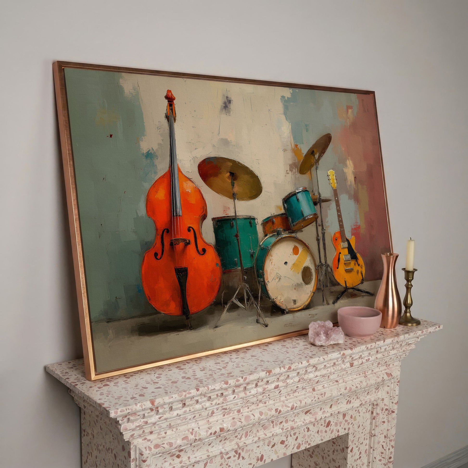 Cello, Drums and Guitar Canvas Wall Art in Teal and Orange in rose gold floating frame