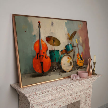 Cello, Drums and Guitar Canvas Wall Art in Teal and Orange in rose gold floating frame