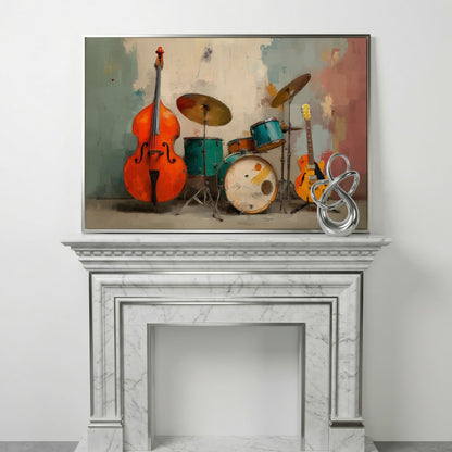 Cello, Drums and Guitar Canvas Wall Art in Teal and Orange in silver floating frame