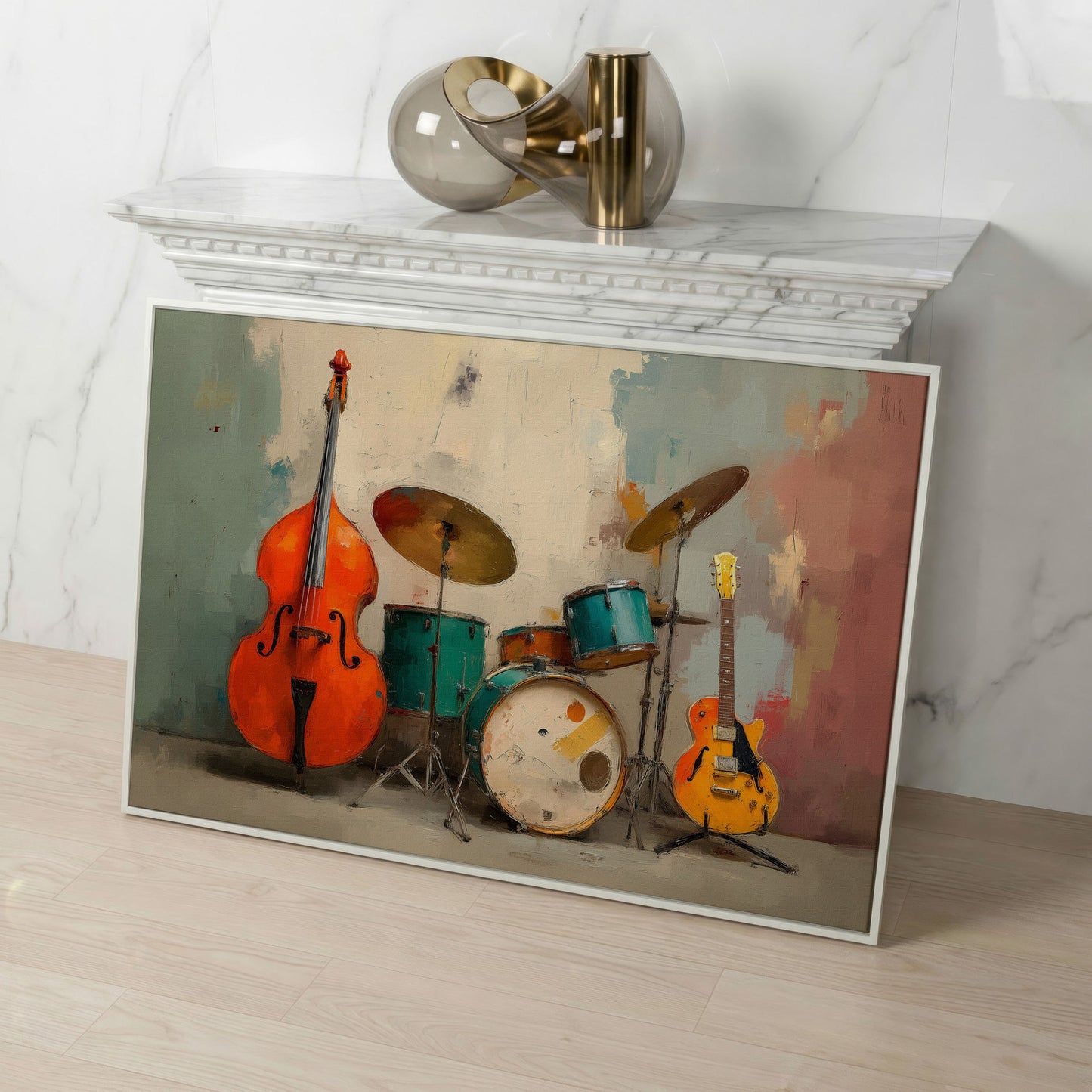 Cello, Drums and Guitar Canvas Wall Art in Teal and Orange in white floating frame