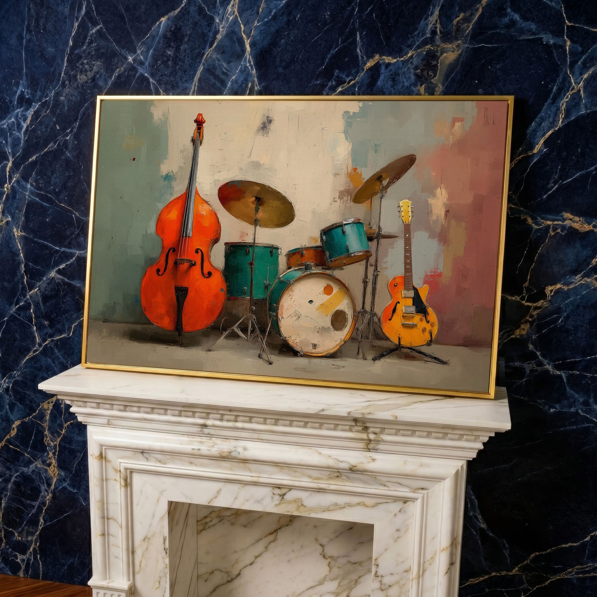 Cello, Drums and Guitar Canvas Wall Art in Teal and Orange in yellow gold floating frame