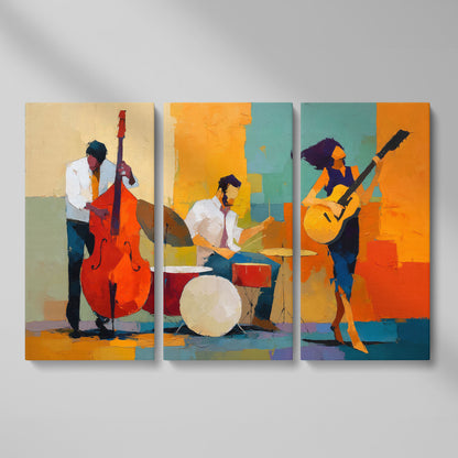 Jazz Trio in Action: Bassist, Drummer and Guitarist Canvas Art as 3-panel split version
