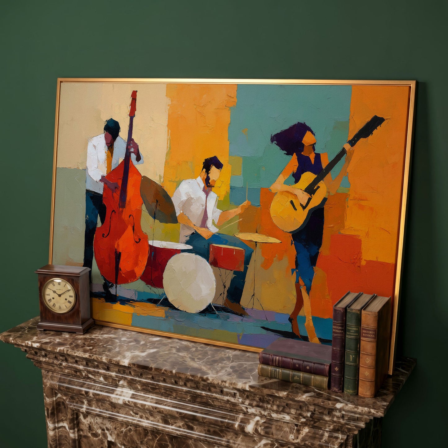 Jazz Trio in Action: Bassist, Drummer and Guitarist Canvas Art in antique gold floating frame