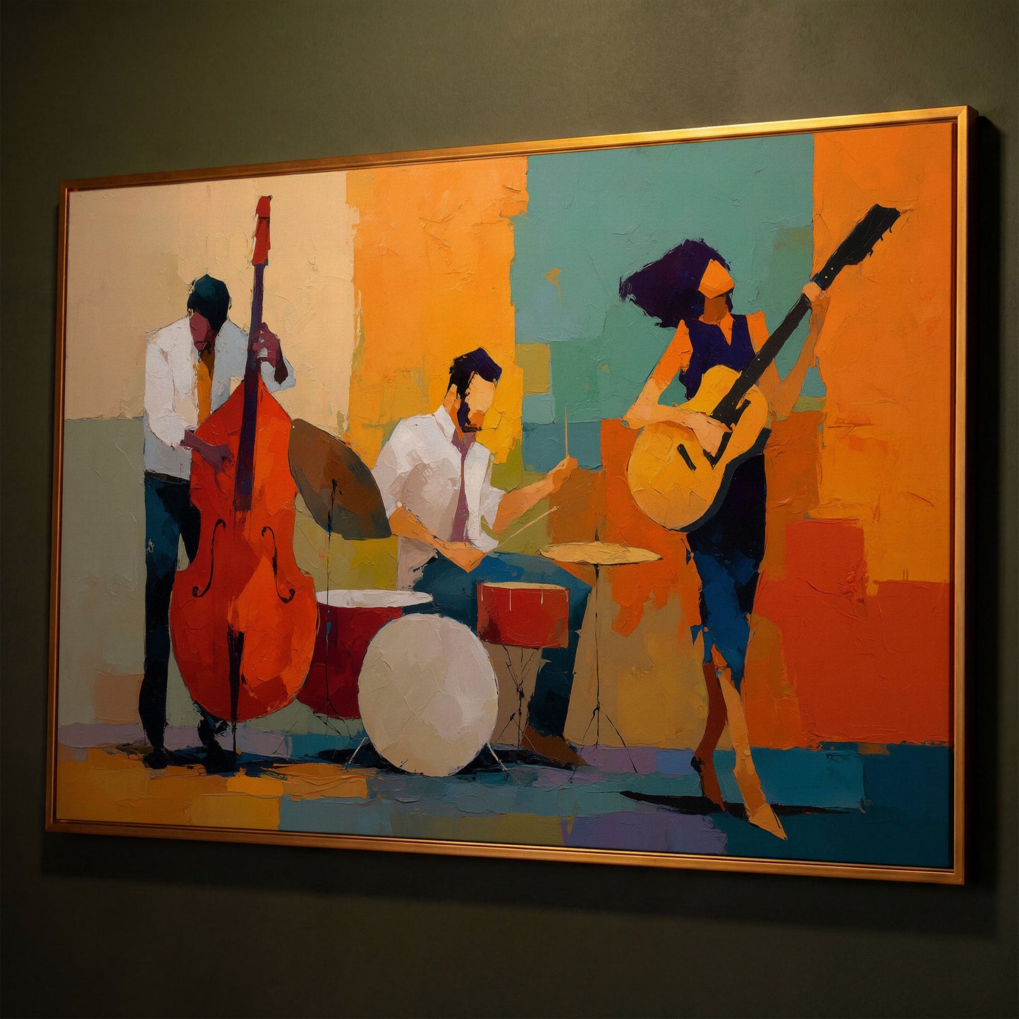 Jazz Trio in Action: Bassist, Drummer and Guitarist Canvas Art shown in antique gold floating frame