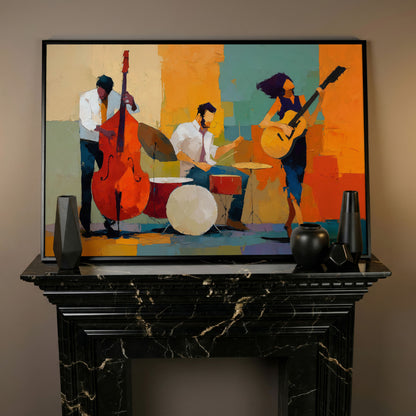 Jazz Trio in Action: Bassist, Drummer and Guitarist Canvas Art in black floating frame