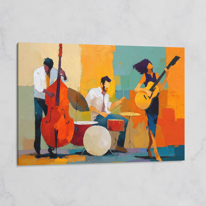Jazz Trio in Action: Bassist, Drummer and Guitarist Canvas Art on gallery wrap