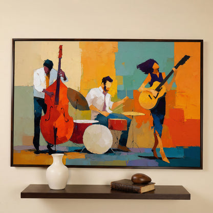 Jazz Trio in Action: Bassist, Drummer and Guitarist Canvas Art in dark walnut floating frame